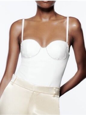 Zara White Rhinestone Embellished Corset Bustier Thong Bodysuit Size Small